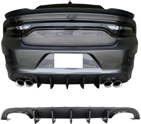 IKON MOTORSPORTS, Rear Diffuser w/Light Compatible with 2015-2023 Dodge Charger, IKON V3 Style Carbon Fiber Print Quad Exhaust Rear Bumper Diffuser Lip Shark Fins PP in Saudi Arabia