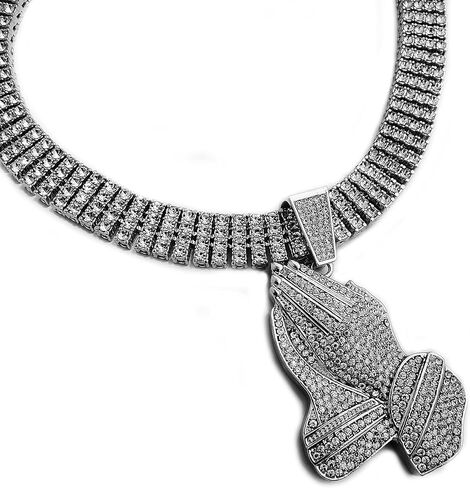 Hip Hop White Gold Plated Praying Hands Large Pendant & 20" 30" Iced 4 Row Tennis Chain Bling Necklace in Saudi Arabia