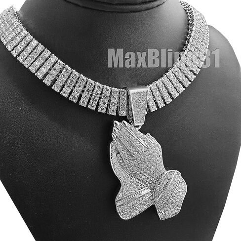 Hip Hop White Gold Plated Praying Hands Large Pendant & 20" 30" Iced 4 Row Tennis Chain Bling Necklace in Saudi Arabia