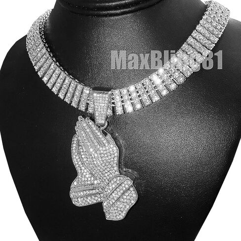 Hip Hop White Gold Plated Praying Hands Large Pendant & 20" 30" Iced 4 Row Tennis Chain Bling Necklace in Saudi Arabia