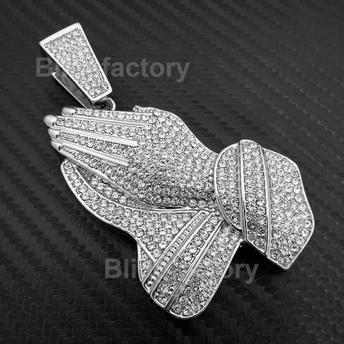 Hip Hop White Gold Plated Praying Hands Large Pendant & 20" 30" Iced 4 Row Tennis Chain Bling Necklace in Saudi Arabia