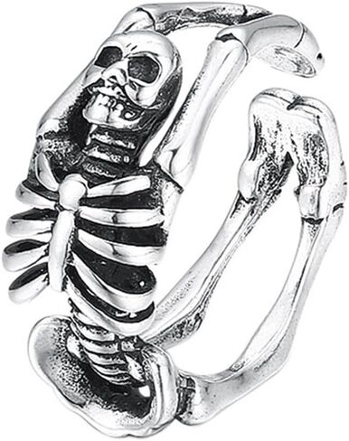 الهيكل العظمي البشري S925 خاتم الفضة الاسترليني للرجال، خاتم الفضة الاسترليني الجمجمة افتتاح قابل للتعديل للرجال in Kuwait