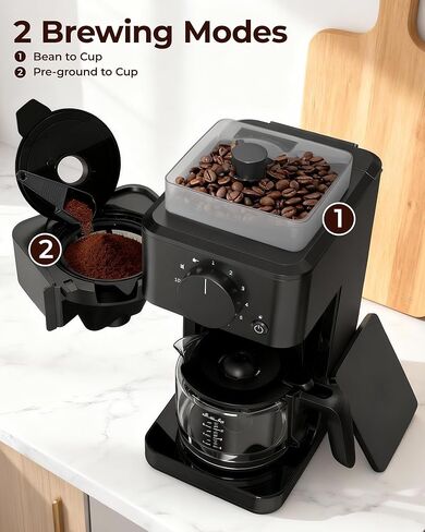 Automatic Grind and Brew Coffee Maker - Built-in Burr Grinder, Self-Cleaning, Iced Coffee, 24H Programmable Timer, Sleek Black Design in Kuwait