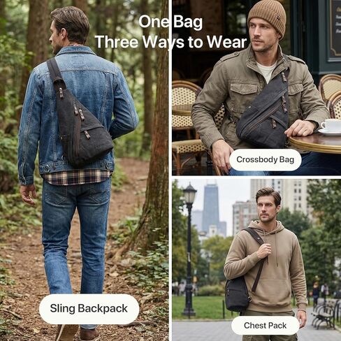 Vintage Canvas Sling Bag for Men and Women, 3-in-1 Convertible Crossbody Backpack Chest Bag with Genuine Leather Zipper, Large Capacity Travel Daypack (Gray) in Saudi Arabia