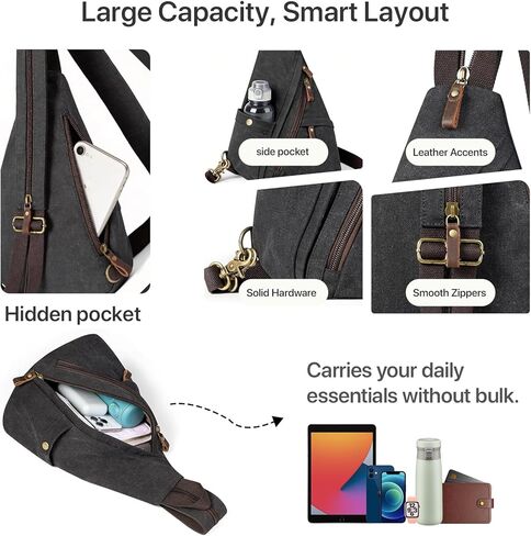 Vintage Canvas Sling Bag for Men and Women, 3-in-1 Convertible Crossbody Backpack Chest Bag with Genuine Leather Zipper, Large Capacity Travel Daypack (Gray) in Saudi Arabia