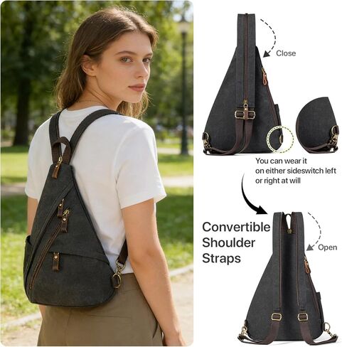 Vintage Canvas Sling Bag for Men and Women, 3-in-1 Convertible Crossbody Backpack Chest Bag with Genuine Leather Zipper, Large Capacity Travel Daypack (Gray) in Saudi Arabia