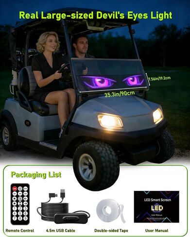 مصابيح LED على شكل عين الشيطان مقاس 35 بوصة × 7.5 بوصة للزجاج الأمامي [رقاقة متقدمة، شاشة مزدوجة متزامنة بنسبة 100%] شاشة LED مخصصة قابلة للبرمجة لعيون القطط لنافذة السيارة/الشاحنة/عربة الجولف مع جهاز التحكم عن بعد والتحكم في التطبيق in Saudi Arabia