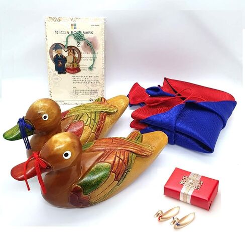 Wooden Mandarin Duck 6.7" 원앙 Korean Wedding Handmade + Small Duck Spoon Rest Gift box + Hanbok Silk Wrap + Korean Character Han gul Box + Book Mark Gift in Saudi Arabia
