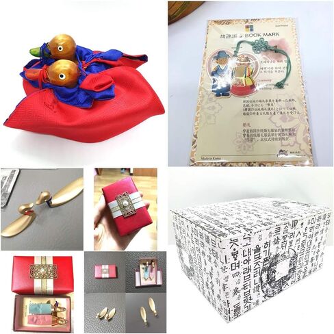 Wooden Mandarin Duck 6.7" 원앙 Korean Wedding Handmade + Small Duck Spoon Rest Gift box + Hanbok Silk Wrap + Korean Character Han gul Box + Book Mark Gift in Saudi Arabia