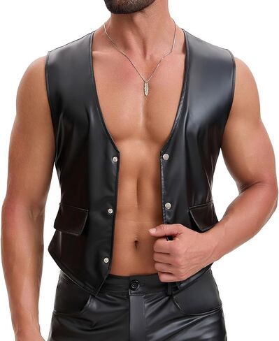 Mens Soft Stretch Leather Tank Tops, Sexy Button Up V-Neck Vest Pocket, Back Buckled Casual Solid Cami Shirt in Saudi Arabia