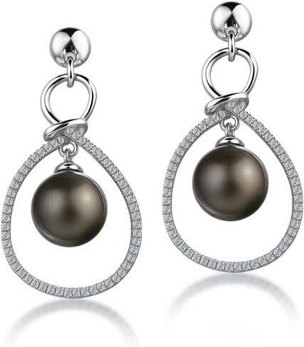 Lunar Belle Tahitian Black Pearl Drop Earrings with Moissanite Cascade Halo in Sterling Silver, Elegant Fine Jewelry Gifts for Women (Pearl Cascade) in Saudi Arabia