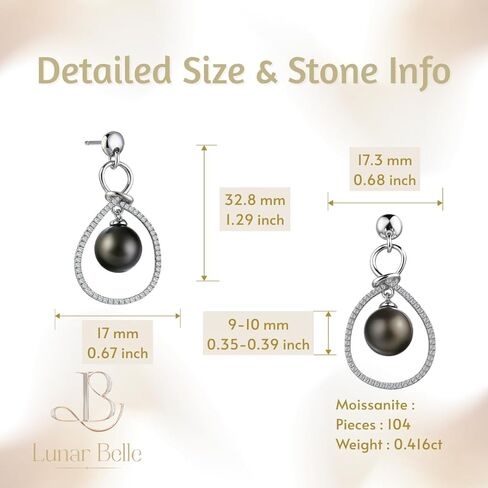 Lunar Belle Tahitian Black Pearl Drop Earrings with Moissanite Cascade Halo in Sterling Silver, Elegant Fine Jewelry Gifts for Women (Pearl Cascade) in Saudi Arabia