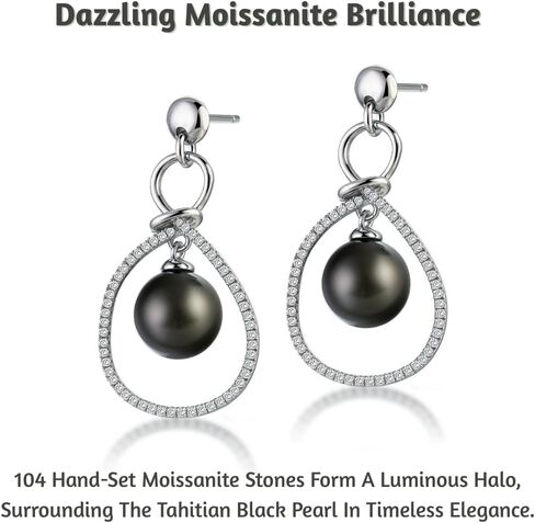 Lunar Belle Tahitian Black Pearl Drop Earrings with Moissanite Cascade Halo in Sterling Silver, Elegant Fine Jewelry Gifts for Women (Pearl Cascade) in Saudi Arabia