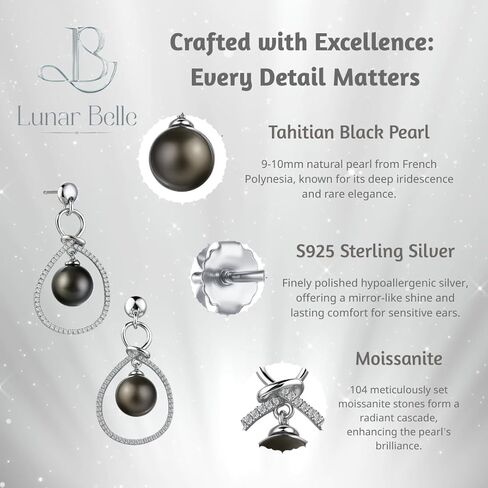 Lunar Belle Tahitian Black Pearl Drop Earrings with Moissanite Cascade Halo in Sterling Silver, Elegant Fine Jewelry Gifts for Women (Pearl Cascade) in Saudi Arabia