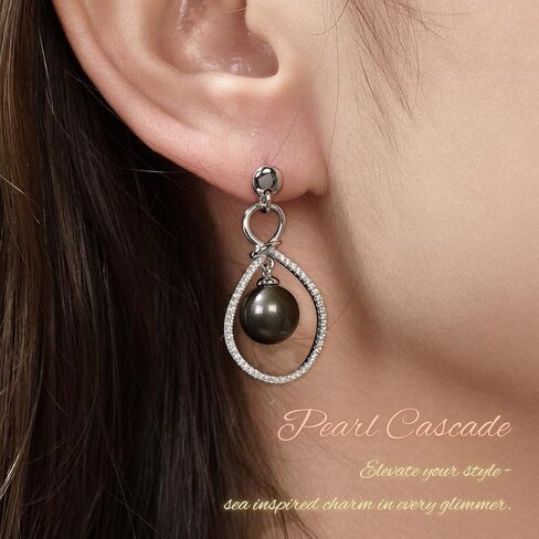 Lunar Belle Tahitian Black Pearl Drop Earrings with Moissanite Cascade Halo in Sterling Silver, Elegant Fine Jewelry Gifts for Women (Pearl Cascade) in Saudi Arabia