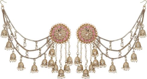 Bahubali with Kaan Chain Earrings Indian Ethnic Gold Polish Bollywood Jewelry Traditional Bahubali Partywear Jhumka Chandbali Wedding Earrings in Kuwait