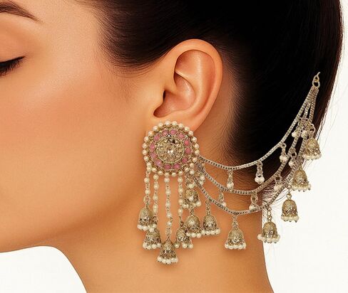 Bahubali with Kaan Chain Earrings Indian Ethnic Gold Polish Bollywood Jewelry Traditional Bahubali Partywear Jhumka Chandbali Wedding Earrings in Kuwait