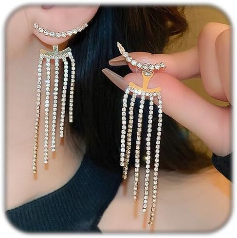 أقراط شرابة من حجر الراين للنساء حلق طويل متدلي من الكريستال على شكل شراشيب لحفلات التخرج وحفلات الزفاف المتألقة in Kuwait