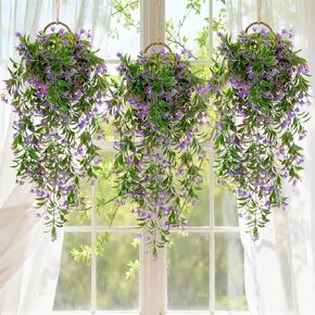 3PCS Artificial Hanging Flowers for Outdoors - UV Resistant Artificial Ivy Vines with 135 Purple Flower, Lifelike Greenery Fake Flowers for Shelf Door Wall Room Wedding Party DIY Decoration in Kuwait