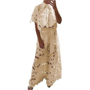 Women's Eyelet Lace Two Piece Outfits Floral Embroidery Shirts Short Sleeve Blouse Tops Wide Leg Pants Matching Sets in Kuwait