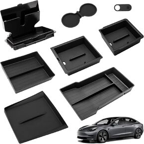 8 قطع صينية تنظيم وحدة التحكم المركزية لعام 2024 2025 طراز تسلا 3 ملحقات، مسند الذراع صندوق تخزين مخفي حامل أكواب وسادة شاحن لطراز تسلا 3 هايلاند in Kuwait