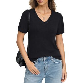 Womens Wool Blend Lightweight Sweater V Neck Short Sleeve Knit Pullover Tops Summer Business Casual Clothes in Kuwait