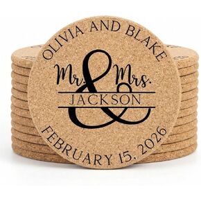 Set of 30-100 Personalized Cork Coasters | Monogrammed Mr & Mrs Wedding Coaster Favors | Custom Engraved Cork Coaster Set | CC104 in Kuwait