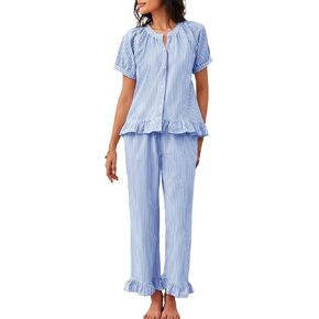 COZYPOIN Womens Striped Pajama Sets 2 Piece Cotton Button Down Short Sleeve Shirt Y2K Ruffle Pants Pockets Pjs Lounge Set in Kuwait