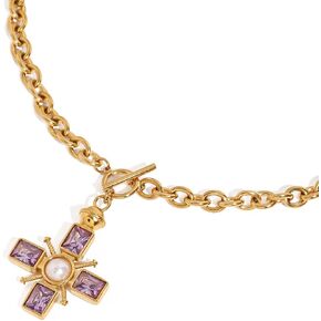 Stainless Steel 18K Gold Plated Purple Zircon Pearl Cross Pendant Trendy Versatile Personalized Chuncky Chain Choker Necklace in Kuwait