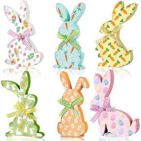 Thinkday 6 Pcs Easter Bunny Wooden Signs Rabbit Spring Table Signs for Home Office Table Wood Bunny Easter Decorations Sign with Ribbons for Tiered Tray Mantel Shelf, Farmhouse Party Supplies in Kuwait