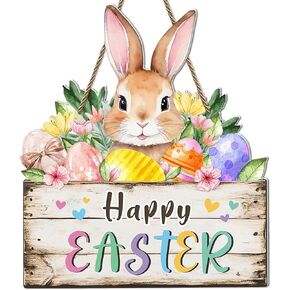 Easter Wreaths for Front Door Wooden Door Sign Decorations Bunny Flower Egg Wall Hanger with Hanging Rope for Spring Indoor Outdoor Home Yard Decor in Kuwait