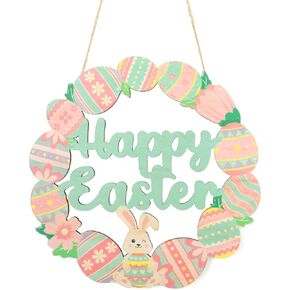 Bunny Eggs Wood Wreath, Happy Easter Decorations Sign, Bunny Eggs Hanging Decor with Pink Green Spring Elements for Front Door, Porch, Window, Wall - Indoor Outdoor Easter Home Decor Gift in Kuwait