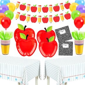 BORAMDO 202 قطعة من ديكورات حفلات العودة إلى المدرسة، تتضمن لوازم حفلات اليوم الأول من المدرسة أطباق ومناديل وأكواب وأدوات مائدة ومفارش طاولة ولافتة وبالونات لاحتفالات رياض الأطفال في الفصل الدراسي in Kuwait