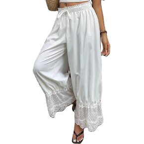 سروال نسائي Y2K مزين بالدانتيل بحاشية طويلة سروال مرن متوسط ​​الارتفاع مكشكش بنطلونات مقصوصة متوهجة زلات سروال بيجامة in Kuwait