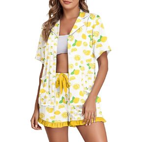 Brosloth Womens Silk Pajama Shorts Set Short Sleeve Summer Pjs Set Printed Ruffle Satin Pajamas 2 Piece Button Up Sleepwear in Kuwait