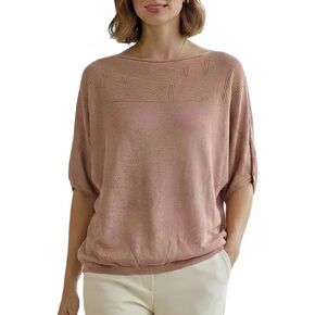Women Batwing Short Sleeve Striped Knit Top, Trendy Lightweight Cozy Cowl Neck Pullover Sweater, Casual Loose Shirt in Saudi Arabia