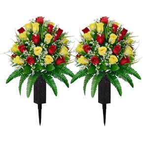 2 Sets Artificial Cemetery Flowers, Yellow and Red Realistic Roses Bouquet, Outdoor Grave Decorations with Non-Bleed Colors, Accompanied by 2 Long Nail Vases (Yellow+Red) in Kuwait