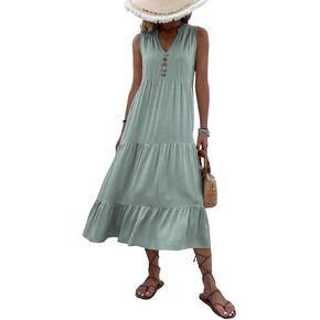 Scacto Womens Summer Tank Dress V Neck Ruffle Hem Maxi Dresses Flowy Tiered Boho Beach Vacation Sundress in Kuwait