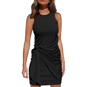 فستان EFOFEI نسائي عتيق برقبة دائرية وقصة ضيقة وربطة عنق واسط فستان صيفي مكشكش كاجوال مطوي قصير in Kuwait