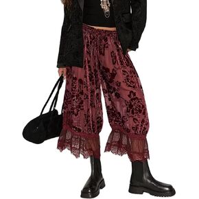 Women Lace Trim Long Bloomers Y2k Elastic Mid Rise Floral Ruffle Pantaloons Flared Slips Pants Pajama Bottoms in Kuwait