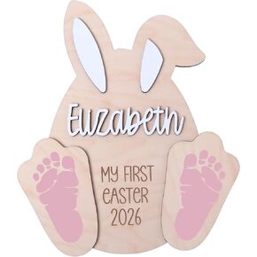 Personalized Baby First Easter Sign with Footprint Cutouts, Wooden Bunny Shape Memory Board, Customizable Name and Year, Easter Keepsake Decoration (Style 1) in Kuwait