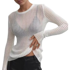 Women See Through T-Shirt Crew Neck Sheer Mesh Knit Sweater Solid Basic Long Sleeve Loose Fit Knit Pullover Jumper Top in Kuwait
