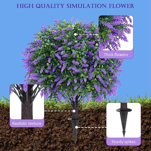 مجموعة من شجرتين كرويتين من اللافندر الاصطناعي مع ارتفاع أرضي للخارج، زهور صناعية واقعية مقاس 66 سم، نباتات شجيرات وهمية مقاومة للأشعة فوق البنفسجية لحديقة الفناء والشرفة وديكور الفناء (الخزامى) in Kuwait