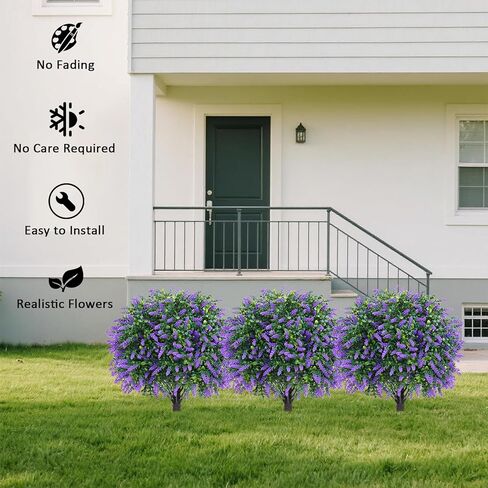 مجموعة من شجرتين كرويتين من اللافندر الاصطناعي مع ارتفاع أرضي للخارج، زهور صناعية واقعية مقاس 66 سم، نباتات شجيرات وهمية مقاومة للأشعة فوق البنفسجية لحديقة الفناء والشرفة وديكور الفناء (الخزامى) in Kuwait