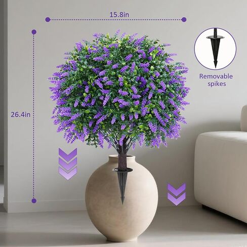 مجموعة من شجرتين كرويتين من اللافندر الاصطناعي مع ارتفاع أرضي للخارج، زهور صناعية واقعية مقاس 66 سم، نباتات شجيرات وهمية مقاومة للأشعة فوق البنفسجية لحديقة الفناء والشرفة وديكور الفناء (الخزامى) in Kuwait