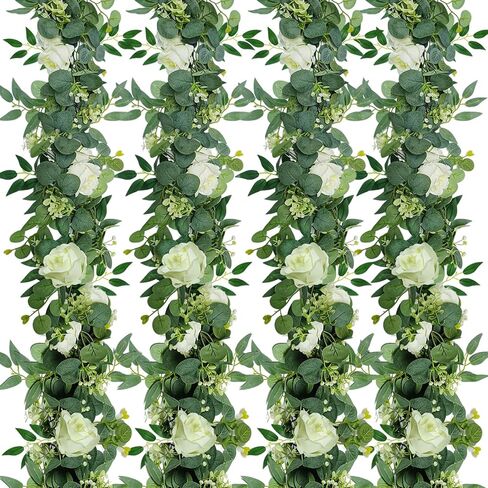 4 Packs 5.9 Ft Artificial Eucalyptus Willow Leaves Garland with Flowers Artificial Greenery White-Flowered Vines Fake Eucalyptus Flower Garland for Wedding Decoration Table Home Stairs Decor in Saudi Arabia