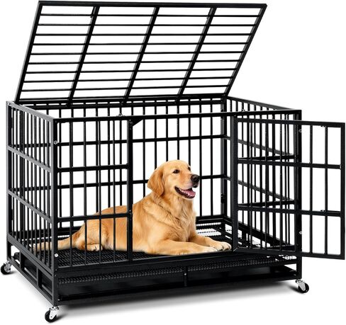 48/38 Inch Heavy Duty Dog Crate Cage Kennel with Wheels, High Anxiety Indestructible, Sturdy Locks Design, Double Door and Removable Tray, Extra Large XL XXL in Saudi Arabia