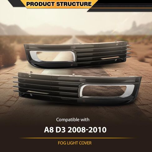 زوج غطاء مصباح الضباب الأمامي المصد الأمامي متوافق مع Audi A8 D3/ Quattro D3 2008 2009 2010 4E0807680B, 4E0807679B فضي وأسود in Saudi Arabia