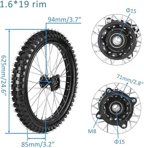19" Front Wheel Assembly for Pit Pro Trail Dirt Bikes - Includes 1.6 x 19 Rim, 70/100-19 Knobby Tire, Inner Tube, Wheel Bearing, Rotor, 15mm Axle, and Front Brake Caliper Assembly in Kuwait