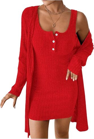Floerns Women's Casual 2 Piece Outfits Henley Ribbed Knit Tank Bodycon Mini Dress Lightweight Cardigan Sweater Shrugs in Saudi Arabia